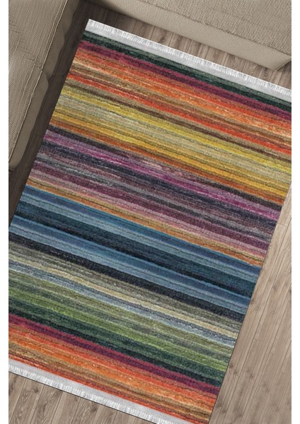 Çok Renkli Çizgili Halı Makinede Yıkanabilir Kaymaz Tabanlı Kilim Dot Tabanlı Salon Halısı 5058B fırsatları