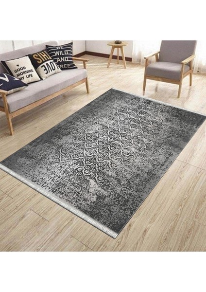 Antrasit Klasik Motifli Kilim Yıkanabilir Halı Kaymaz Taban Kilim Dot Tabanlı Salon Halısı 5252A