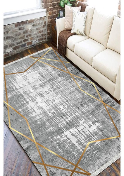 Gri Gold Çizgili Halı Kaymaz Tabanlı Kilim Makinede Yıkanabilir Dot Tabanlı Salon Halısı 5209E fiyatları