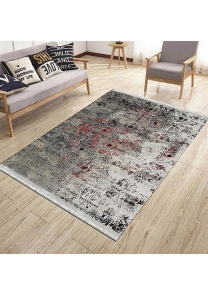Gri Kırmızı Halı Kaymaz Tabanlı Kilim Makinede Yıkanabilir Dot Tabanlı Salon Halısı 5115C