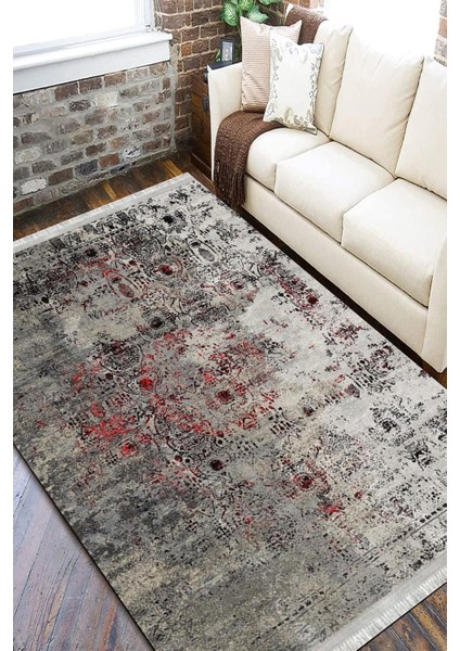 Gri Kırmızı Halı Kaymaz Tabanlı Kilim Makinede Yıkanabilir Dot Tabanlı Salon Halısı 5115C fiyatları