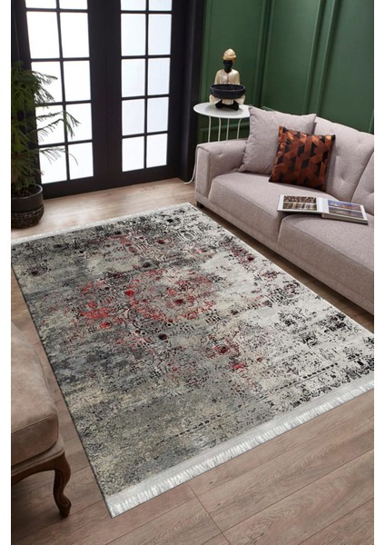Gri Kırmızı Halı Kaymaz Tabanlı Kilim Makinede Yıkanabilir Dot Tabanlı Salon Halısı 5115C modelleri