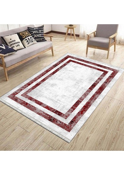 Kırmızı Şeritli Yolluk Yıkanabilir Halı Kaymaz Taban Kilim Dot Tabanlı Oturma Odası Halısı 5268A