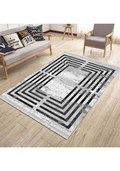 Siyah Çizgili Eskitme Kaymaz Tabanlı Kilim Makinede Yıkanabilir Dot Tabanlı Salon Halısı 5166A