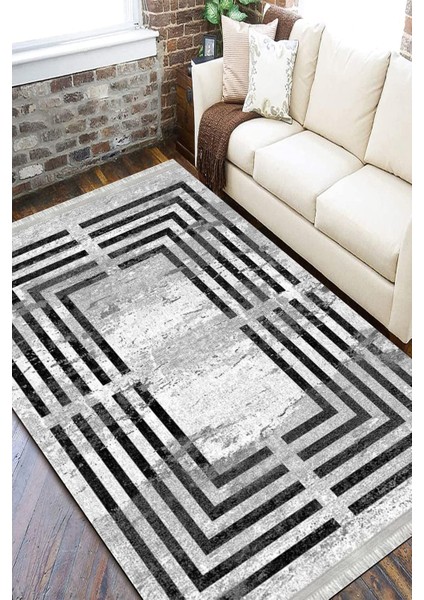 Siyah Çizgili Eskitme Kaymaz Tabanlı Kilim Makinede Yıkanabilir Dot Tabanlı Salon Halısı 5166A fiyatları