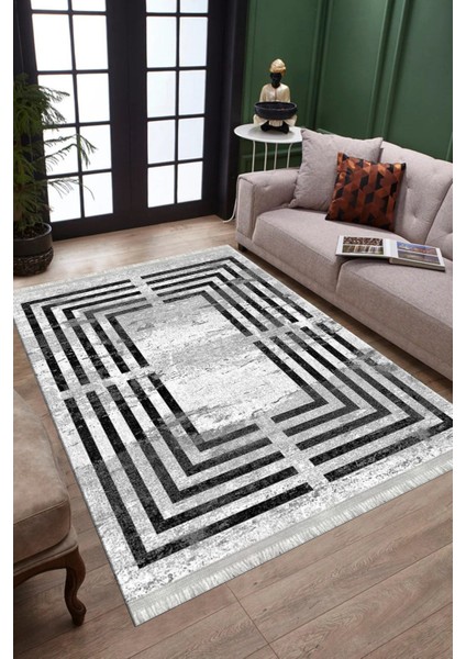 Siyah Çizgili Eskitme Kaymaz Tabanlı Kilim Makinede Yıkanabilir Dot Tabanlı Salon Halısı 5166A modelleri