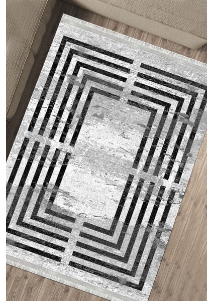 Siyah Çizgili Eskitme Kaymaz Tabanlı Kilim Makinede Yıkanabilir Dot Tabanlı Salon Halısı 5166A fırsatları