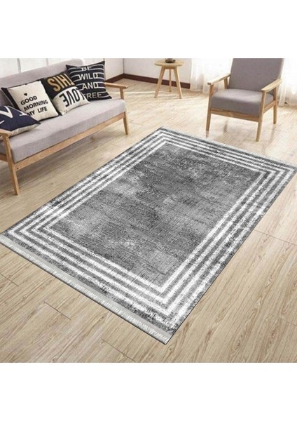 Gri Beyaz Çizgili Kaymaz Tabanlı Kilim Makinede Yıkanabilir Dot Tabanlı Salon Halısı 5171D
