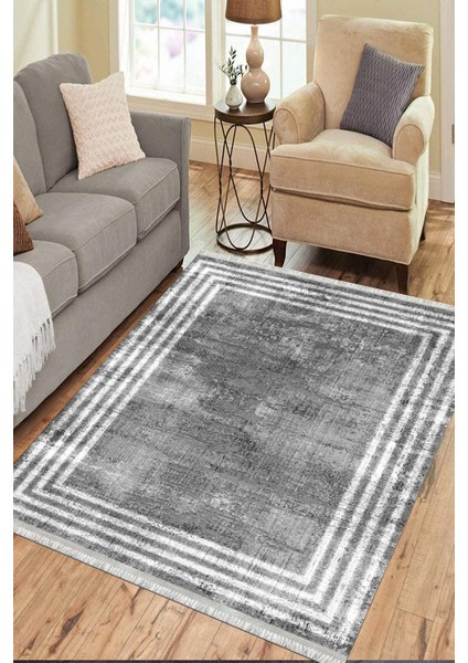 Gri Beyaz Çizgili Kaymaz Tabanlı Kilim Makinede Yıkanabilir Dot Tabanlı Salon Halısı 5171D modelleri
