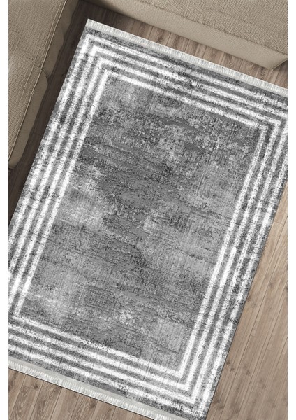 Gri Beyaz Çizgili Kaymaz Tabanlı Kilim Makinede Yıkanabilir Dot Tabanlı Salon Halısı 5171D fırsatları