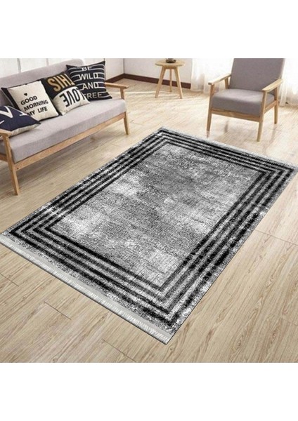 Gri Siyah Çizgili Kaymaz Tabanlı Kilim Makinede Yıkanabilir Dot Tabanlı Salon Halısı 5171A