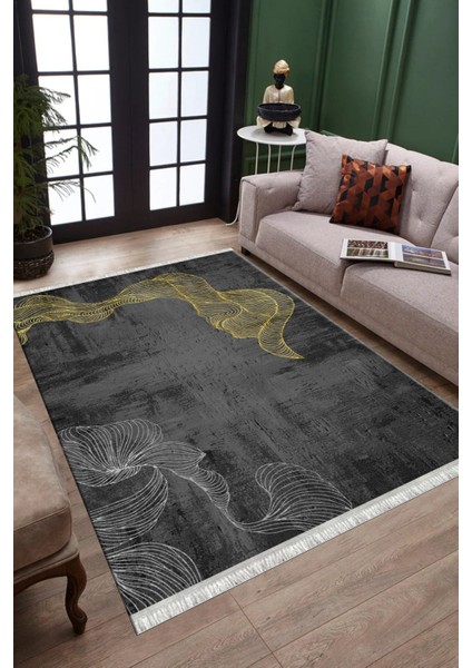 Antrasit Sarı Kilim Yıkanabilir Halı Kaymaz Taban Kilim Dot Tabanlı Oturma Odası Halısı 5260A modelleri
