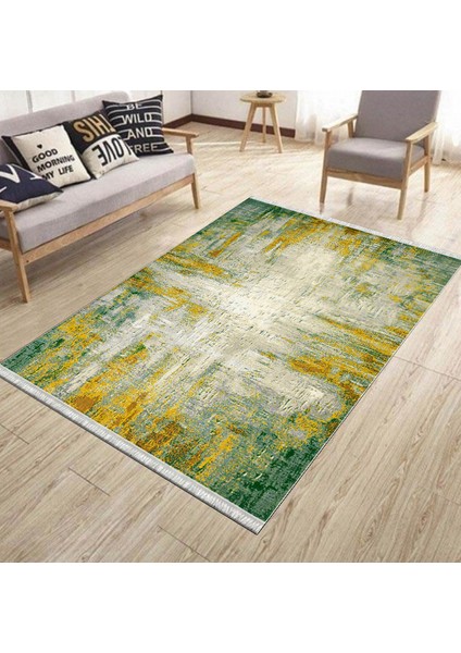 Yeşil Sarı Halı Makinede Yıkanabilir Halı Kaymaz Taban Kilim Dot Tabanlı Salon Halısı 5247B