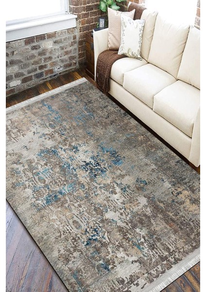 Bej Lacivert Halı Kaymaz Tabanlı Kilim Makinede Yıkanabilir Dot Tabanlı Salon Halısı 5115A fiyatları
