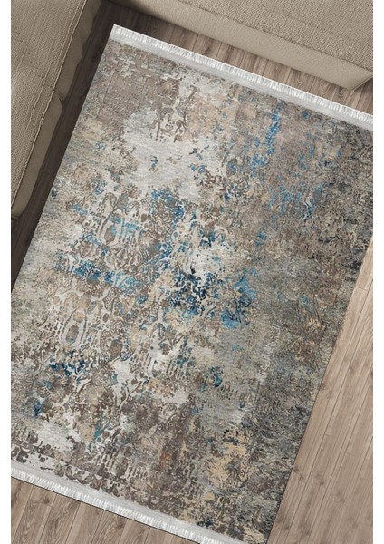 Bej Lacivert Halı Kaymaz Tabanlı Kilim Makinede Yıkanabilir Dot Tabanlı Salon Halısı 5115A fırsatları