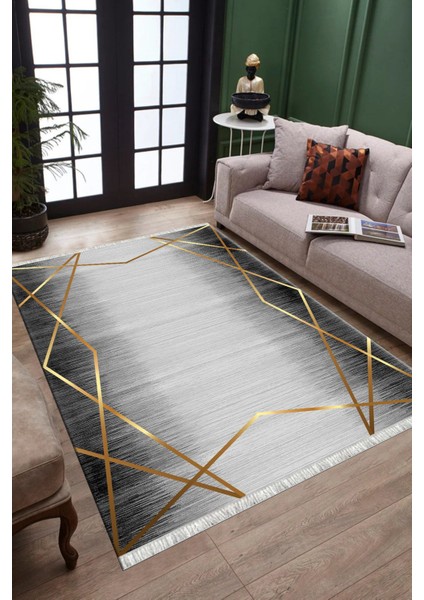 Gri Gold Çizgili Halı Kaymaz Tabanlı Kilim Makinede Yıkanabilir Dot Tabanlı Salon Halısı 5209D modelleri