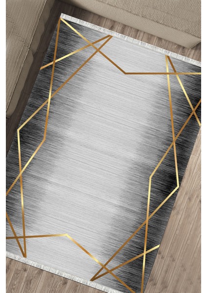Gri Gold Çizgili Halı Kaymaz Tabanlı Kilim Makinede Yıkanabilir Dot Tabanlı Salon Halısı 5209D fırsatları