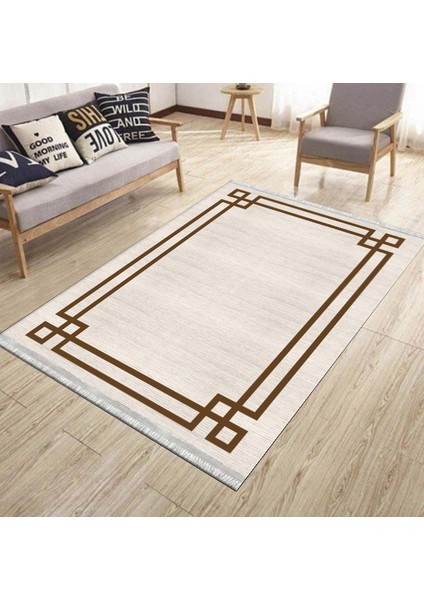 Kahverengi Çizgili Halı Kaymaz Tabanlı Kilim Makinede Yıkanabilir Dot Tabanlı Salon Halısı 5192A