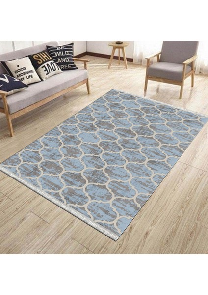 Mavi Çizgili Kilim Makinede Yıkanabilir Halı Kaymaz Taban Kilim Dot Tabanlı Salon Halısı 5246B