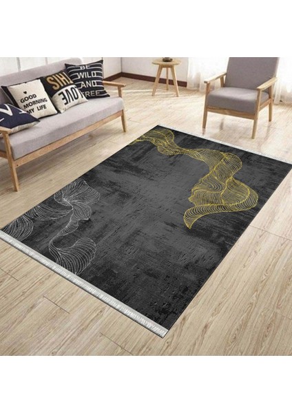 Antrasit Sarı Kilim Yıkanabilir Halı Kaymaz Taban Kilim Dot Tabanlı Oturma Odası Halısı 5260A