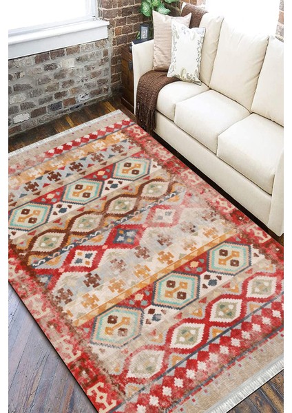 Otantik Kırmızı Kilim Makinede Yıkanabilir Halı Kaymaz Taban Kilim Dot Tabanlı Salon Halısı 5234A fiyatları
