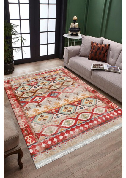 Otantik Kırmızı Kilim Makinede Yıkanabilir Halı Kaymaz Taban Kilim Dot Tabanlı Salon Halısı 5234A modelleri