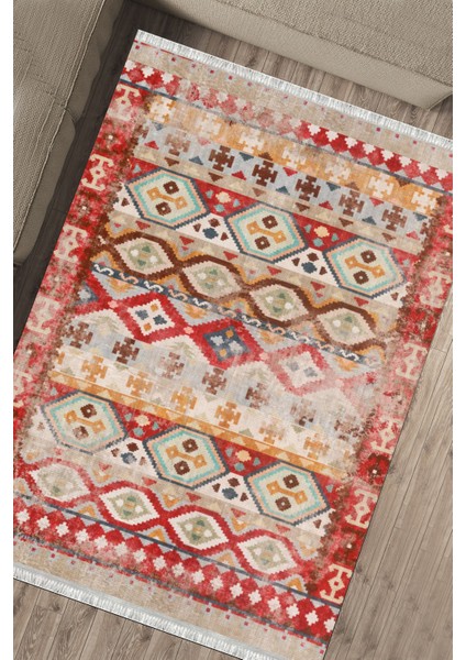 Otantik Kırmızı Kilim Makinede Yıkanabilir Halı Kaymaz Taban Kilim Dot Tabanlı Salon Halısı 5234A fırsatları
