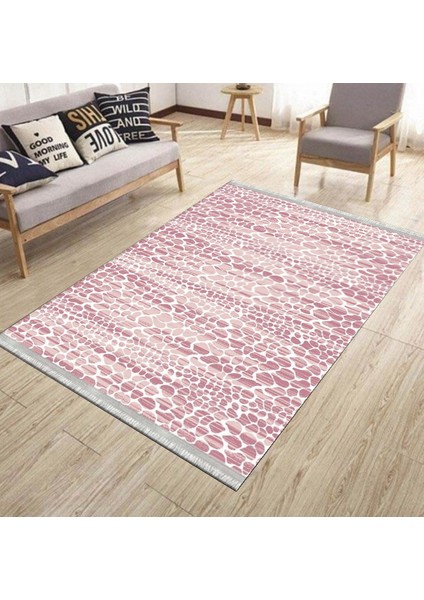 Pembe Beyaz Kaymaz Tabanlı Kilim Makinede Yıkanabilir Dot Tabanlı Salon Halısı 5162B