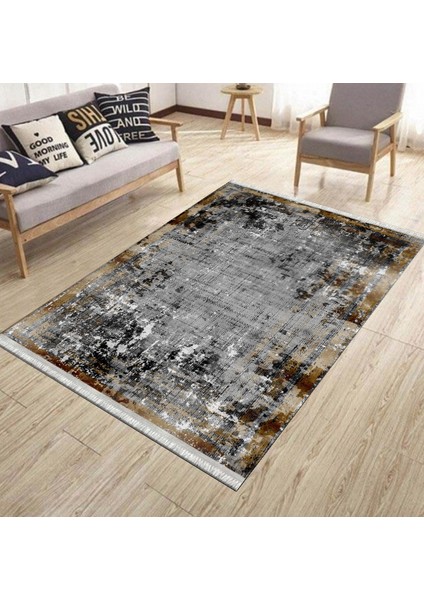 Antrasit Bohem Kilim Makinede Yıkanabilir Halı Kaymaz Taban Kilim Dot Tabanlı Salon Halısı 5240C