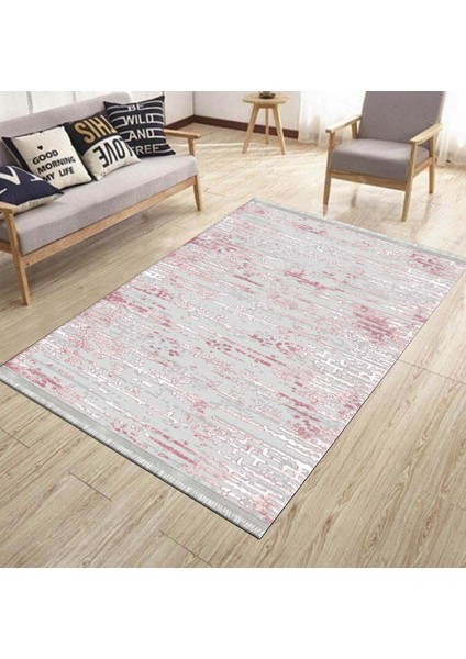 Pembe Gri Halı Makinede Yıkanabilir Kaymaz Tabanlı Kilim Dot Tabanlı Salon Halısı 5051C