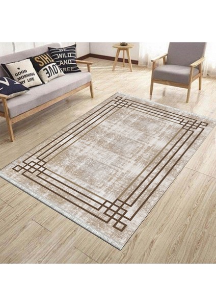 Kahverengi Çizgili Halı Yıkanabilir Halı Kaymaz Taban Kilim Dot Tabanlı Oturma Odası Halısı 5261A