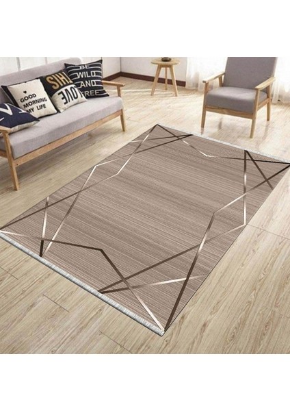 Kahverengi Çizgili Halı Kaymaz Tabanlı Kilim Makinede Yıkanabilir Dot Tabanlı Salon Halısı 5209A