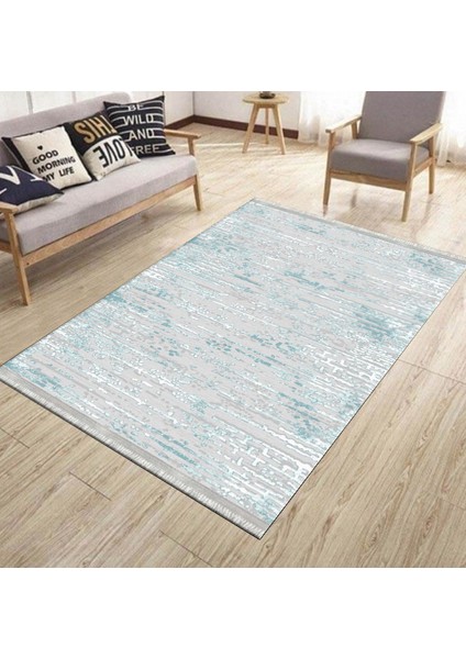 Turkuaz Gri Halı Makinede Yıkanabilir Kaymaz Tabanlı Kilim Dot Tabanlı Salon Halısı 5051A