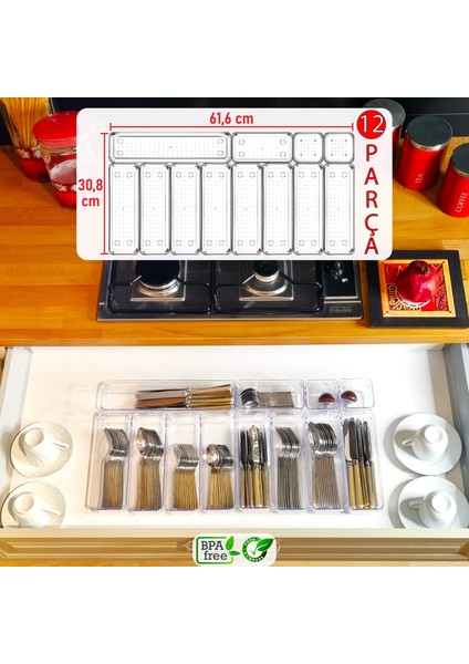 12'li Set Modüler Kaşıklık Mutfak Çekmece Içi Organizer Şeffaf Clear Çatal Bıçak Kaşık Düzenleyici