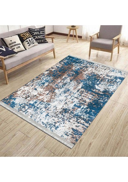 Lacivert Dijital Halı Kaymaz Tabanlı Kilim Makinede Yıkanabilir Dot Tabanlı Salon Halısı 5127A