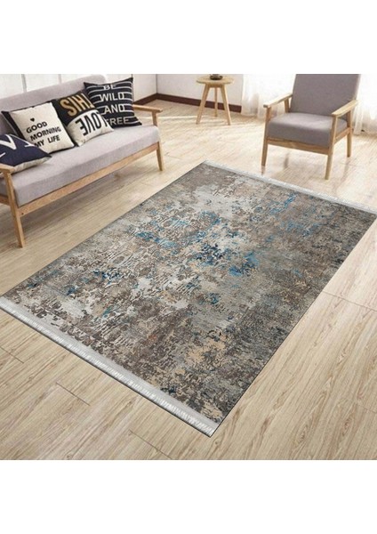 Bej Lacivert Halı Kaymaz Tabanlı Kilim Makinede Yıkanabilir Dot Tabanlı Salon Halısı 5115A