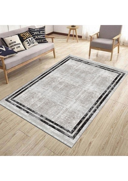 Siyah Çizgili Eskitme Kaymaz Tabanlı Kilim Makinede Yıkanabilir Dot Tabanlı Salon Halısı 5165A