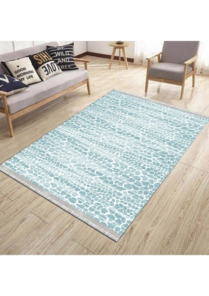Mavi Beyaz Kaymaz Tabanlı Kilim Makinede Yıkanabilir Dot Tabanlı Salon Halısı 5162C