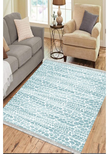 Mavi Beyaz Kaymaz Tabanlı Kilim Makinede Yıkanabilir Dot Tabanlı Salon Halısı 5162C modelleri