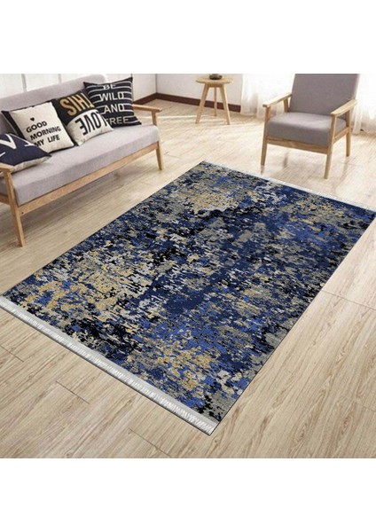 Lacivert Vintage Halı Kaymaz Tabanlı Kilim Makinede Yıkanabilir Dot Tabanlı Salon Halısı 5193B