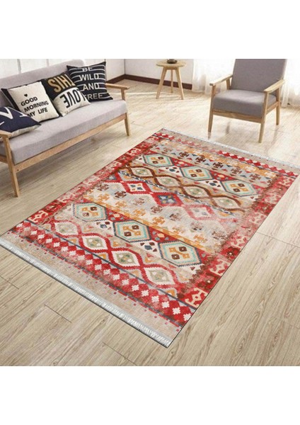 Otantik Kırmızı Kilim Makinede Yıkanabilir Halı Kaymaz Taban Kilim Dot Tabanlı Salon Halısı 5234A