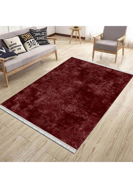 Bordo Renk Kilim Kaymaz Tabanlı Kilim Makinede Yıkanabilir Dot Tabanlı Salon Halısı 5176A