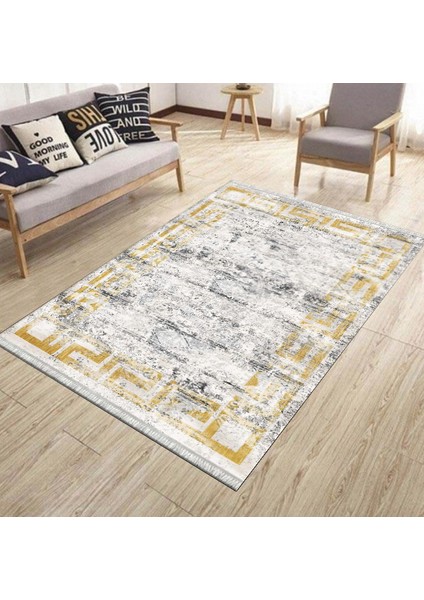 Gold Detaylı Kilim Makinede Yıkanabilir Halı Kaymaz Taban Kilim Dot Tabanlı Salon Halısı 5236B