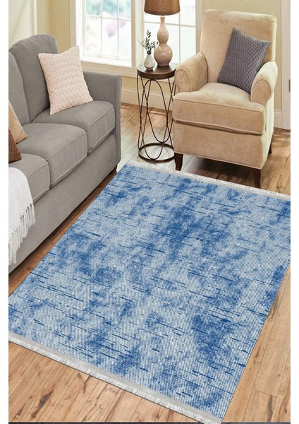 Mavi Modern Halı Kaymaz Tabanlı Kilim Makinede Yıkanabilir Dot Tabanlı Salon Halısı 5152A modelleri
