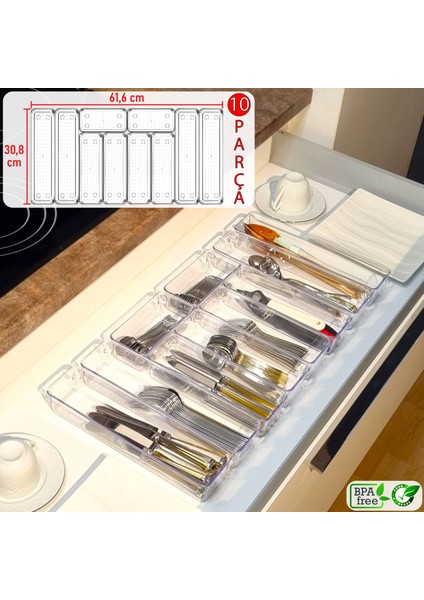 10'lu Set Modüler Kaşıklık Mutfak Çekmece Içi Organizer Şeffaf Clear Çatal Bıçak Kaşık Düzenleyici