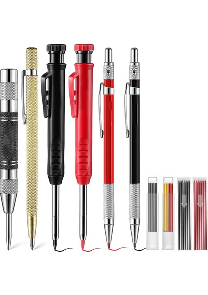 Marangoz Kalem Seti, 4 Renkli Katı Kalem, Kalemtıraş, Yedekler, Otomatik Orta Delgi (Yurt Dışından)