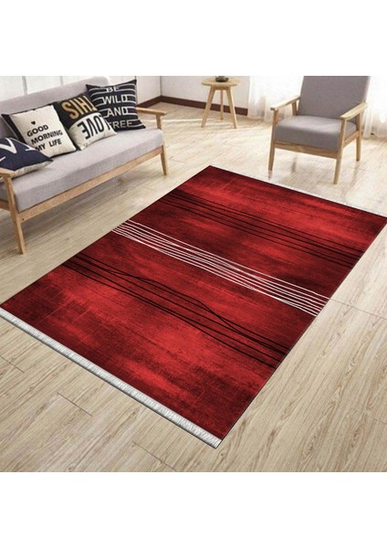 Kırmızı Çizgili Halı Kaymaz Tabanlı Kilim Makinede Yıkanabilir Dot Tabanlı Salon Halısı 5188C