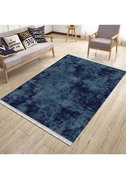 Lacivert Renk Kilim Kaymaz Tabanlı Kilim Makinede Yıkanabilir Dot Tabanlı Salon Halısı 5176B