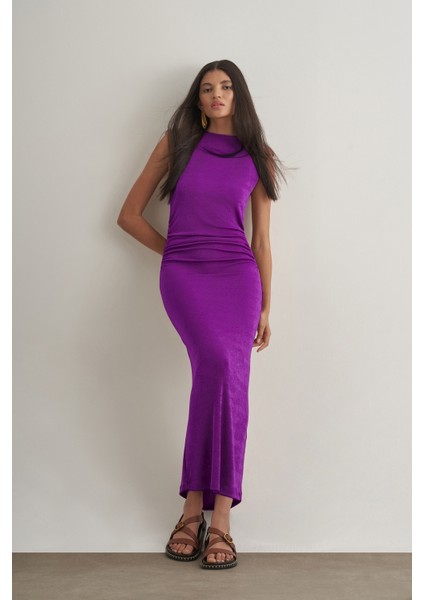 Yan Büzgü Detaylı Vatkalı Uzun Kolsuz Mor Bodycon Elbise fiyatları