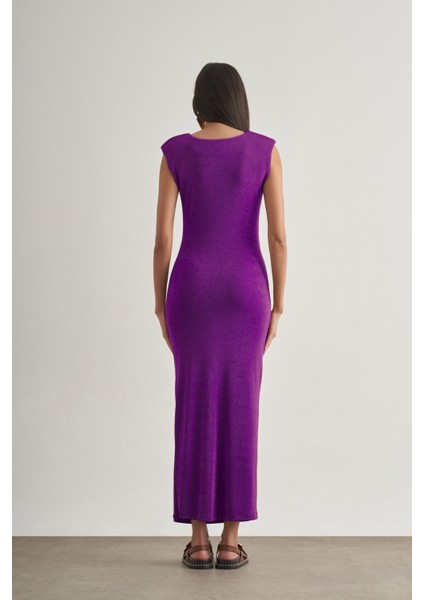 Yan Büzgü Detaylı Vatkalı Uzun Kolsuz Mor Bodycon Elbise modelleri